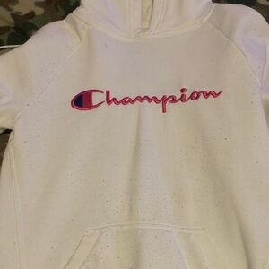 Champion Hoodie in White with Pink and Blue Logo